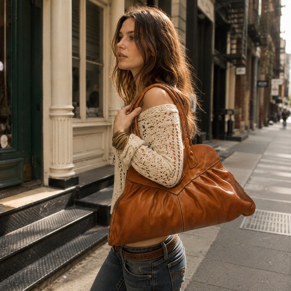 Patricia Nash Cognac Genuine Leather Slouch Shoulder Bag Boho Hobo Purse